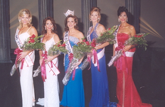 The Top 5 in the Ms. US Continental Pageant 2002:  (left to right) 3rd Runner Up - Loreen Olney (Utah); 1st Runner Up - Karin Jenkins (Ohio); Winner - Cammie Sanders (Ms. Florida); 2nd Runner Up - Melissa Tomlinson (Missouri);  4th Runner Up - Debi Logan (Mrs. Florida)